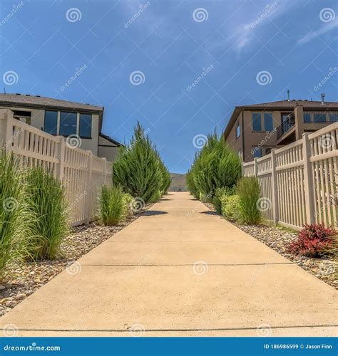 Square Crop Paved Concrete Pathway In The Middle Of White Picket Fences