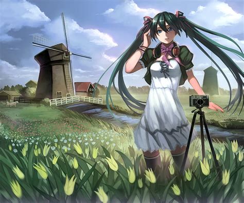 Headphones Clouds Vocaloid Dress Flowers Hatsune Miku Blue Eyes Fields