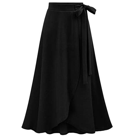 Xiuh Womens Plus Size High Waist Lace Up Skirts Solid Color Pleated A Line Swing Skirts Black