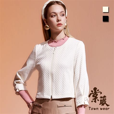 【townwear棠葳】素雅格紋短版小外套 2色女上衣拉鍊圓領蝴蝶結 長袖 Yahoo奇摩購物中心