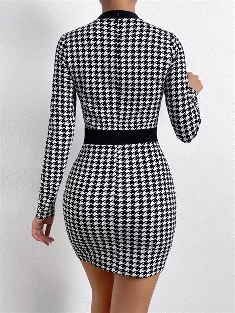 Shein Unity Houndstooth Print Button Front Bodycon Dress Shein Uk