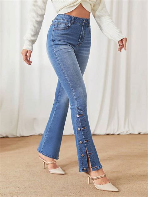 SHEIN Privé Button Detail Flare Leg Jeans SHEIN USA