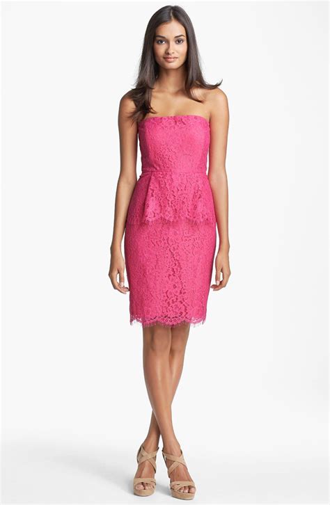 Calvin Klein Strapless Lace Peplum Dress In Pink Dazzle Pink Lyst