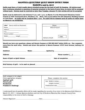 Fillable Online MANTECA QUILTERS QUILT SHOW ENTRY FORM MARCH 4 Fax