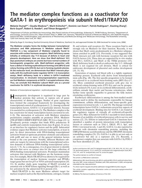 PDF The Mediator Complex Functions As A Coactivator For GATA 1 In