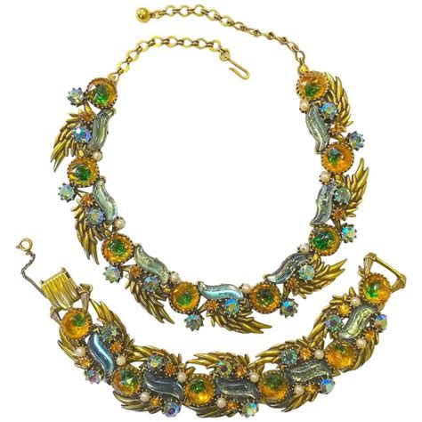 Vintage Rare 1960s Florenza Blue And Citrine Glass Necklace And