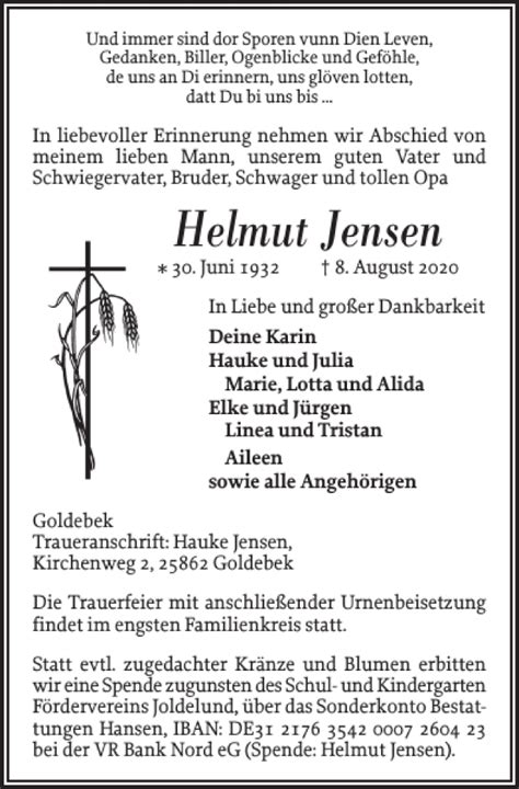 Traueranzeigen Von Helmut Jensen Sh Z Trauer