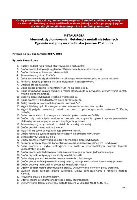 PDF METALURGIA Kierunek Dyplomowania Metalurgia Metali Dla