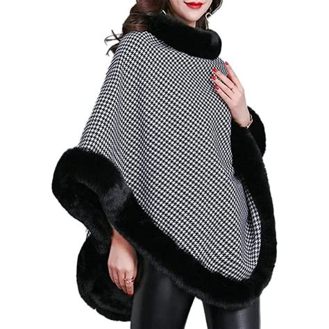 Pikadingnis Women Faux Fur Poncho Shawls Plaid Thick Fluffy Plush