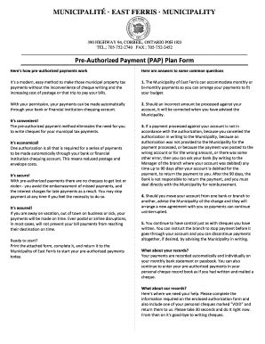 Fillable Online Eastferris Pre Authorized Payment PAP Plan Form East