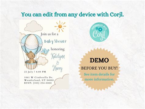 Teddy Bear On Hot Air Balloon Baby Shower Invitation It S A Boy Party Blue Theme Digital