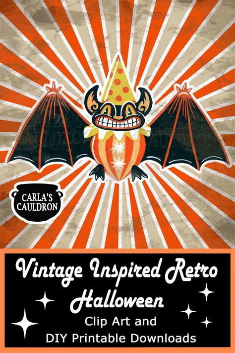 Bat Clip Art Retro Halloween Clipart Vintage Style Folk Etsy