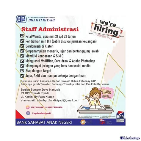 Lowongan Kerja Staff Administrasi PT BPR Bhakti Riyadi