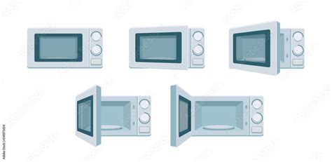 Modern microwave set ready for animation. Open and close oven poses in front view. Degree of ...