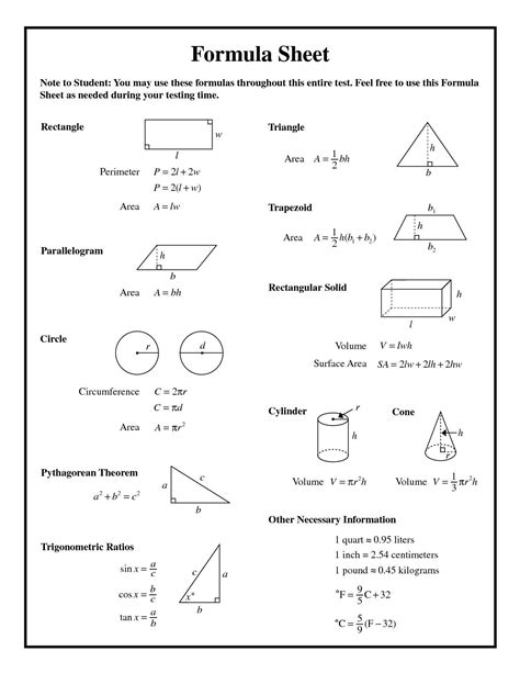 Measurement Formulas Sheet