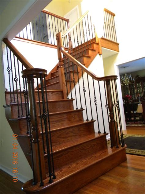 Wood Stairs And Rails And Iron Balusters Custom Stair Replacement