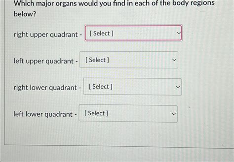 Solved Which major organs would you find in each of the body | Chegg.com