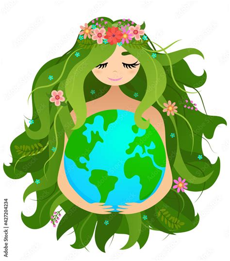 Happy Mother Earth Day Vector Planet Earth And Beautiful Mother Drawing With Flower Wreath