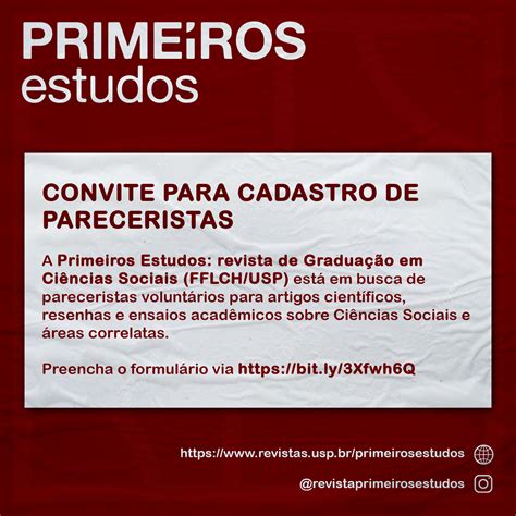 Convite Para Cadastro De Pareceristas Primeiros Estudos Revista De