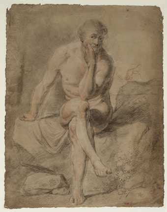 A Kneeling Male Nude With Upraised Head And Arm In A Landscape Setting