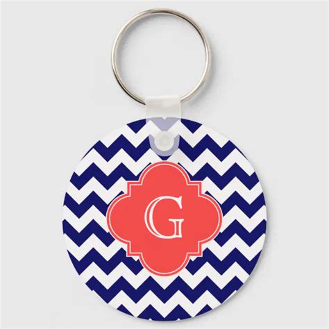 Navy Wht Chevron Zigzag Coral Quatrefoil Monogram Keychain Zazzle