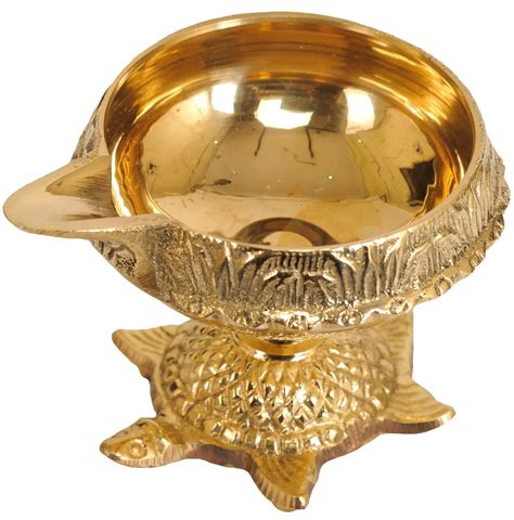 Handcrafted Brass Vastu Pooja Diya On Carving Tortoise Exotic India Art