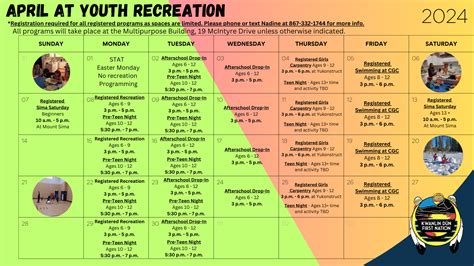 Youth Rec April Calendar Kwanlin Dün First Nation