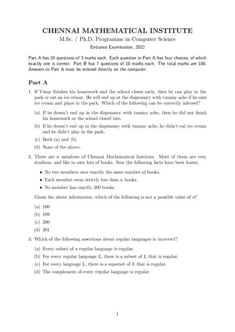 CMI Entrance Exam 2022 Question Paper For M Sc Or PhD Computer Science