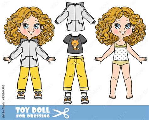 Cartoon Girl With Curle Haired In Underwear Dressed And Clothes Separately T Shirt Jeans