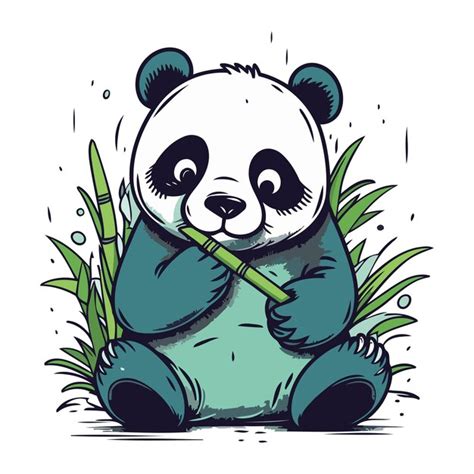 Un panda mignon assis et tenant un bâton de bambou Illustration