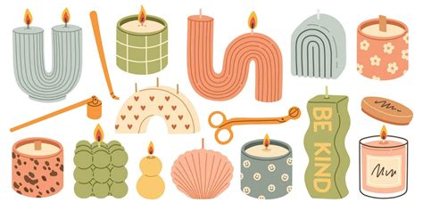 Various Candles. Different shapes and sizes. Pillar, jar candle, square ...