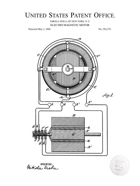 Nikola Tesla Patent Electro Magnetic Motor The Patent Print Shop