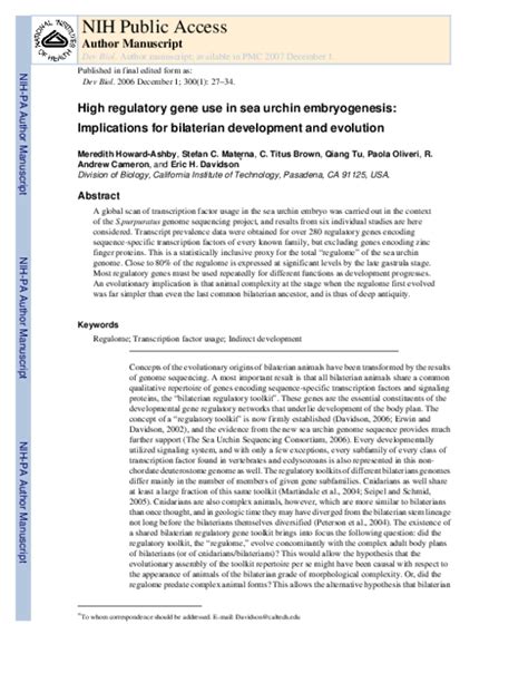 (PDF) High regulatory gene use in sea urchin embryogenesis ...