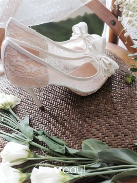 Elegant White Lace Flower Bow Wedding Shoes 2020 8 Cm Stiletto Heels Pointed Toe Wedding Pumps