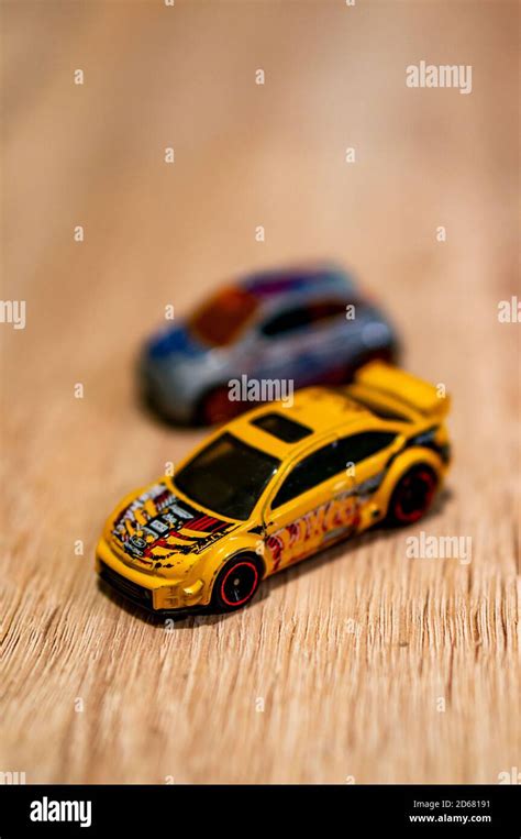 POZNAN POLAND Oct 13 2020 Mattel Hot Wheels Yellow Ford Focus Model Sport Toy Car On A
