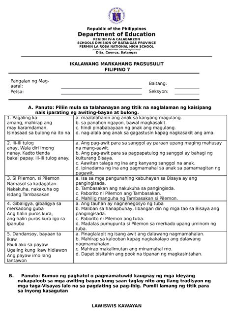 Filipino 7 Ikalawang Markahang Pagsusulit Republic Of The Philippines Department Of