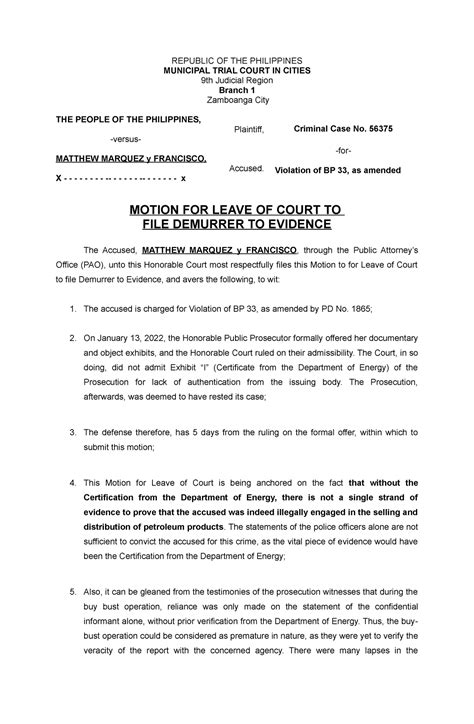 Solution Sample Motion For Leave Of Court To File Demurrer 48 Off