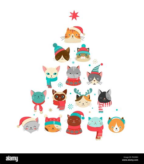 Merry Christmas greeting card with cute Xmas tree with cats heads Stock Vector Image & Art - Alamy