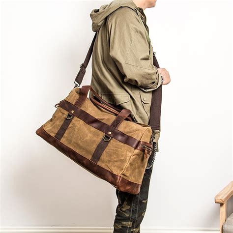 Khaki Waxed Canvas Leather Mens Waterproof Large Weekender Bag Travel