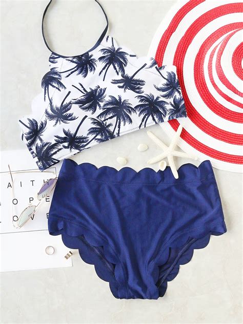 Shop Blue Coconut Tree Print Scalloped Trim Bikini Set Online Shein