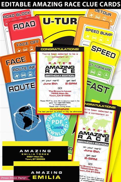 The Amazing Race Party Printable Invitation And Clue Cards Editable