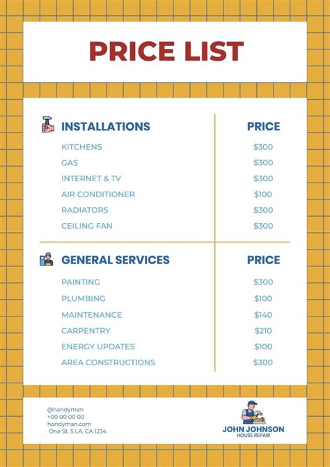 Free House Repair Handyman Services Price List Template