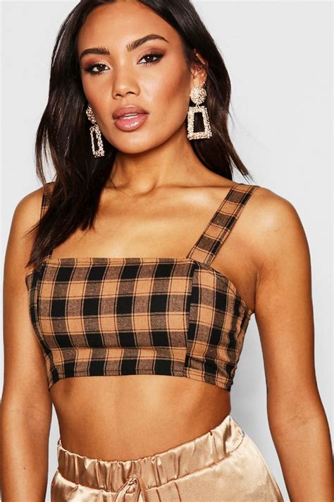 Womens Check Square Neck Crop Top Boohoo Uk