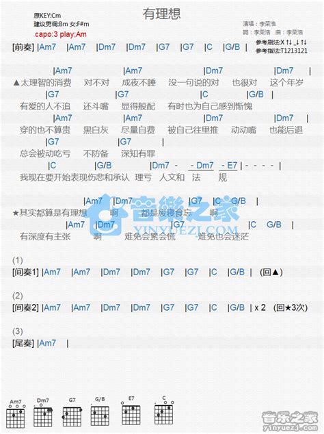 有理想吉他谱 李荣浩 C调吉他弹唱谱 和弦谱 琴谱网