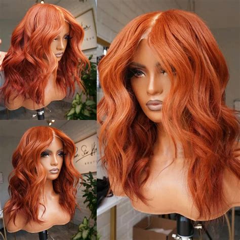 RONGDUOYI Short Wavy Orange Ginger Bob Synthetic Lace Front Wig Middle