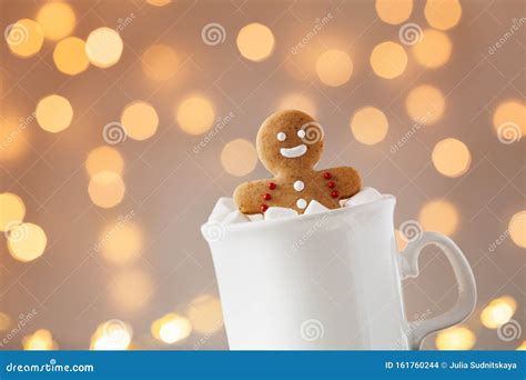 Gingerbread Man In Cup Of Hot Cocoa With Marshmallow Christmas Cookie