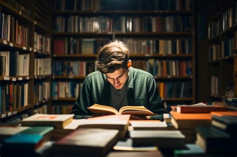 Premium AI Image | student reading a book in the library between the book rows unsplash high ...