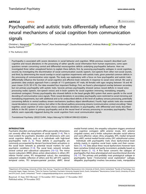 PDF Psychopathic And Autistic Traits Differentially Influence The