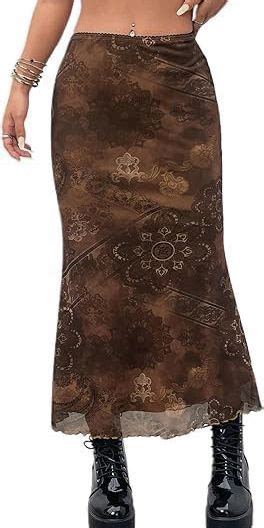 Avanova Women Floral Boho Mesh Long Skirts High Waisted Mermaid Bodycon