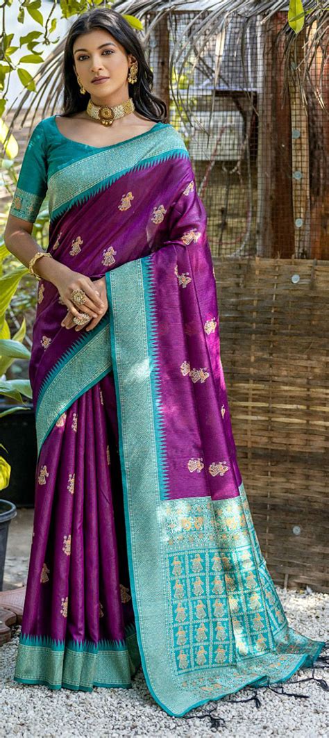 Festive Reception Traditional Purple And Violet Color Silk Tussar